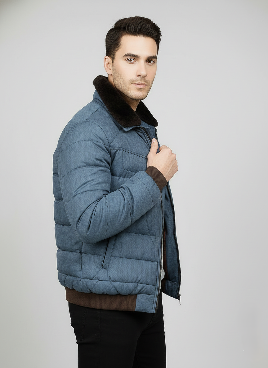 Quilted Bomber Jacket with Contrast Collar – Steel Blue