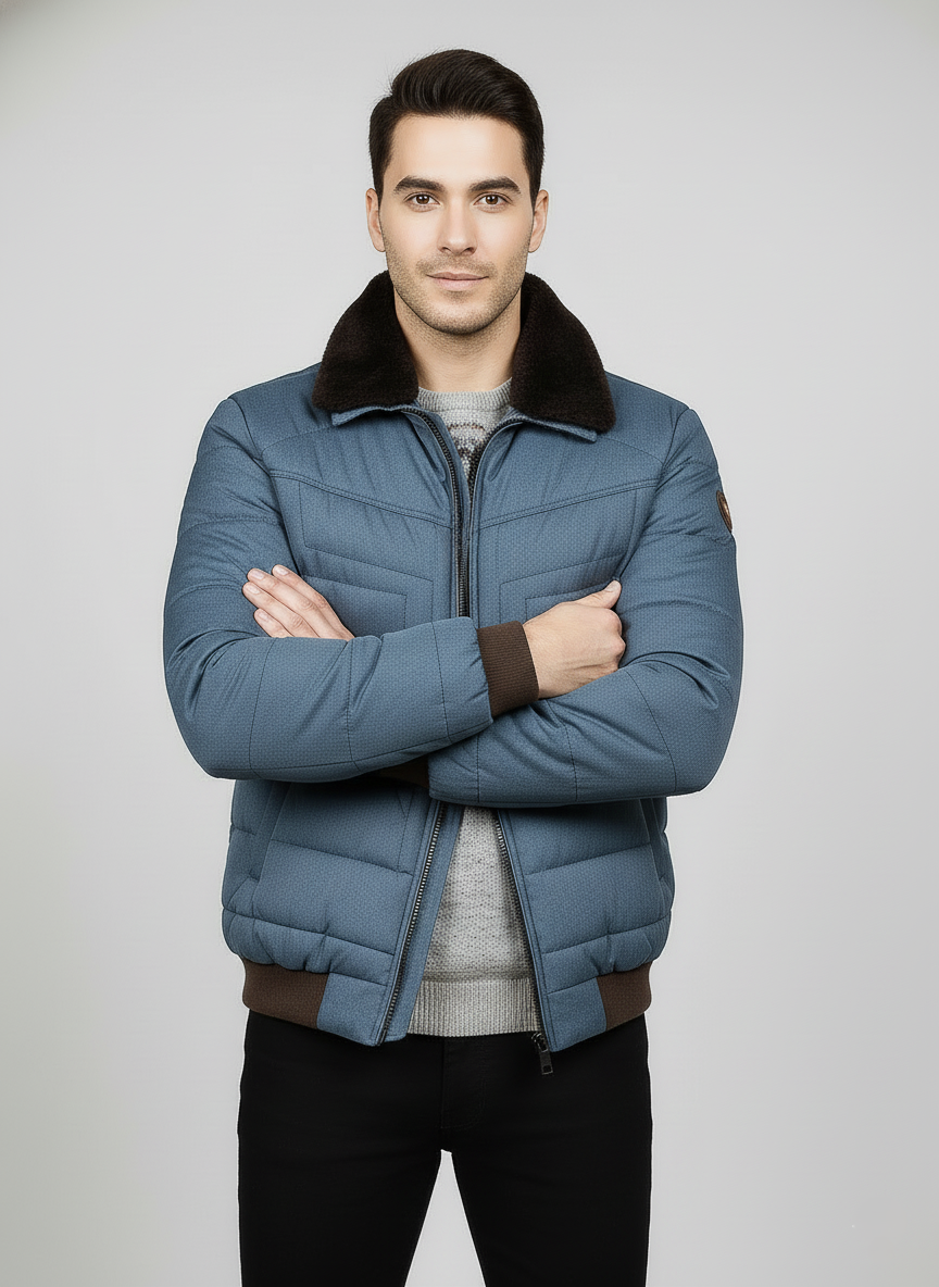 Quilted Bomber Jacket with Contrast Collar – Steel Blue