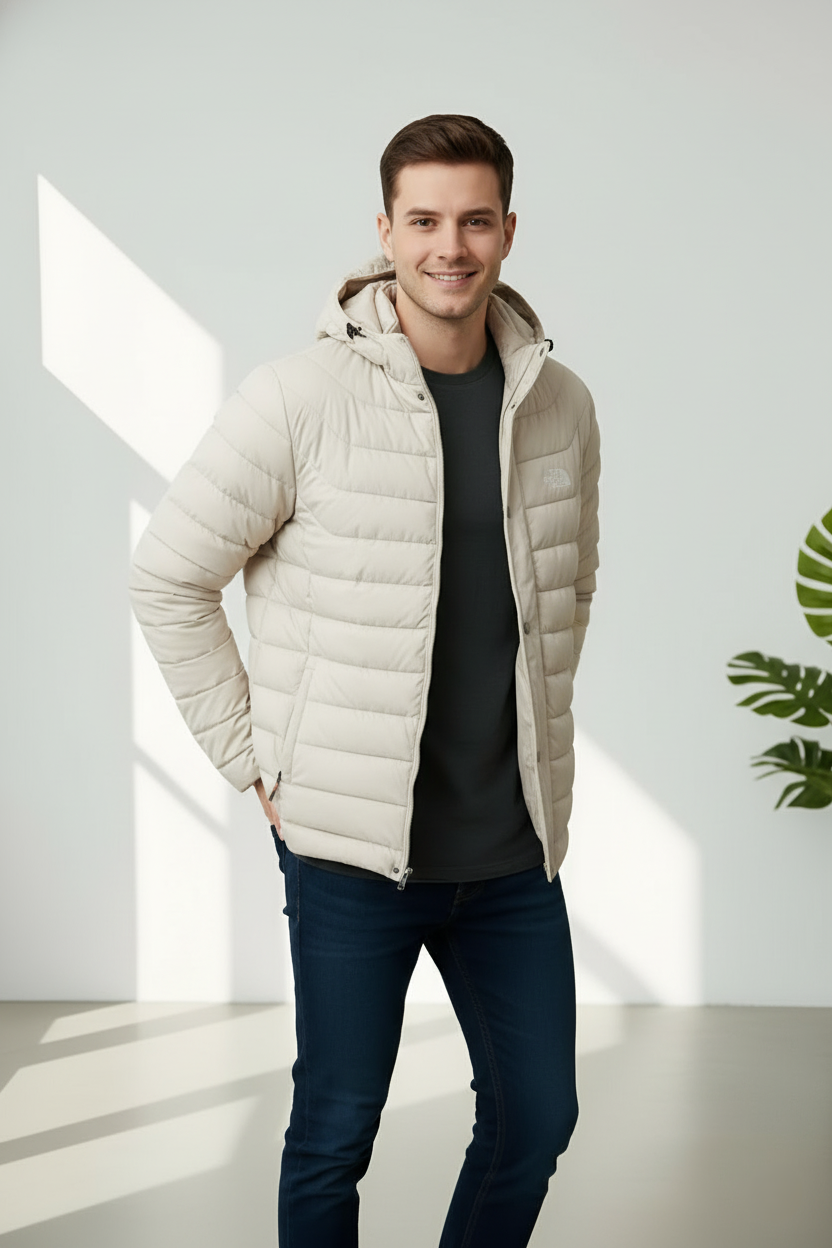 Lightweight Puffer Jacket with Hood – Cream Beige