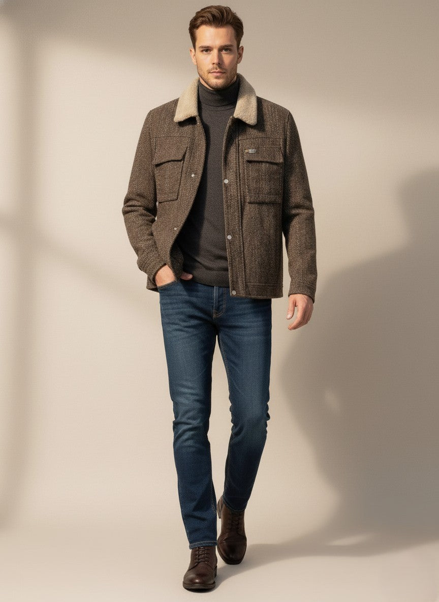 Wool-Blend Sherpa Collar Jacket – Coffee Brown