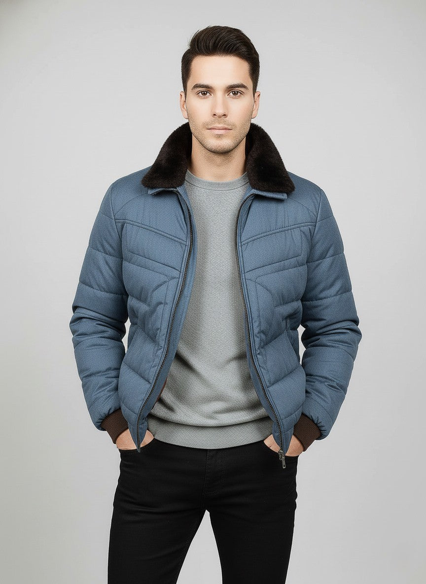 Quilted Bomber Jacket with Contrast Collar – Steel Blue